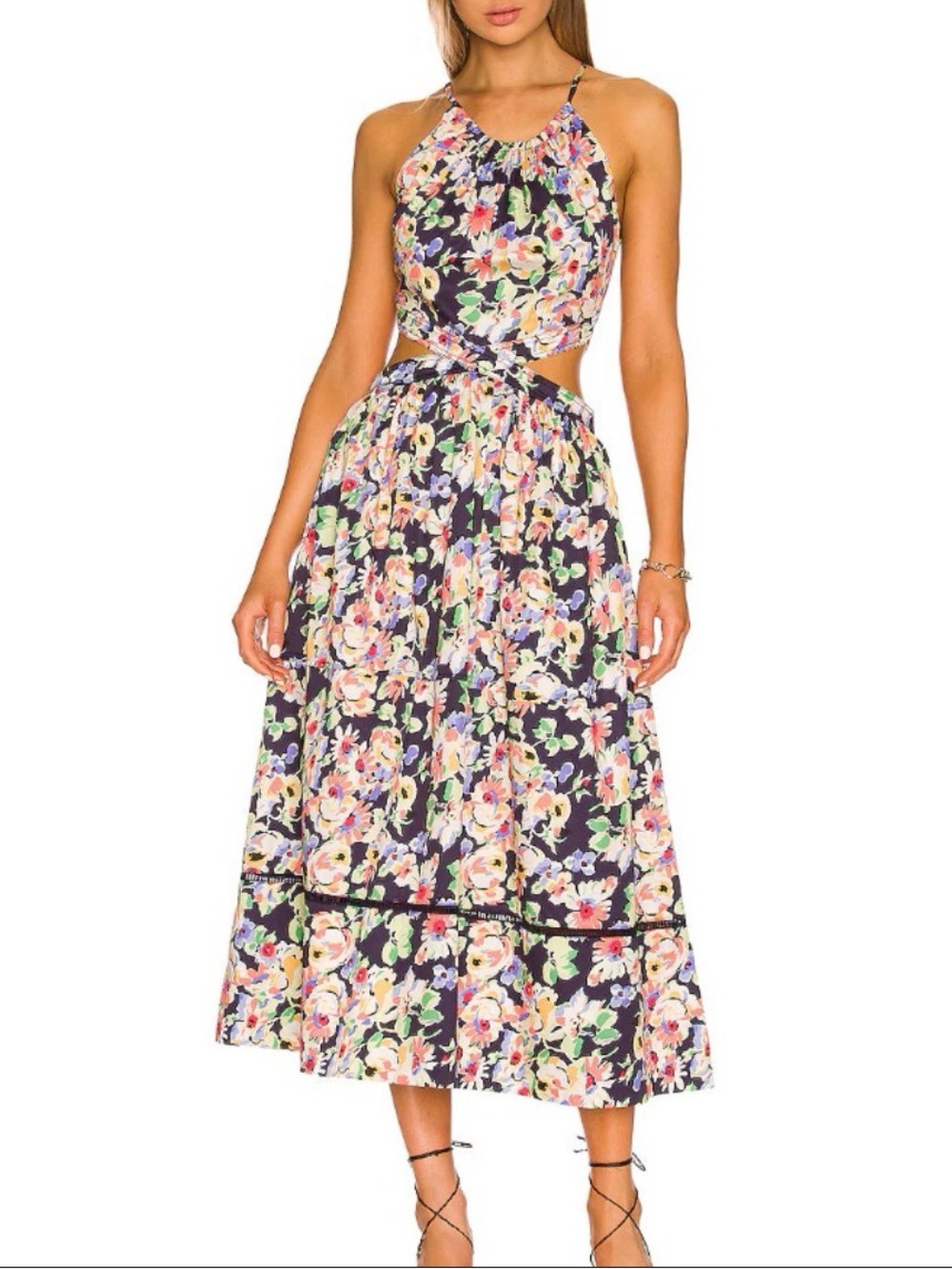 NWT Something Navy Floral Cut Out Midi Dress XS